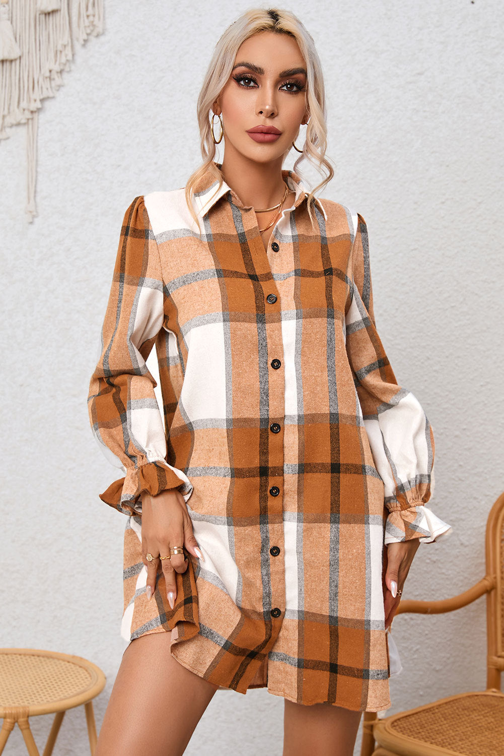 Navkolo shirt dress with khaki check pattern and neck collar