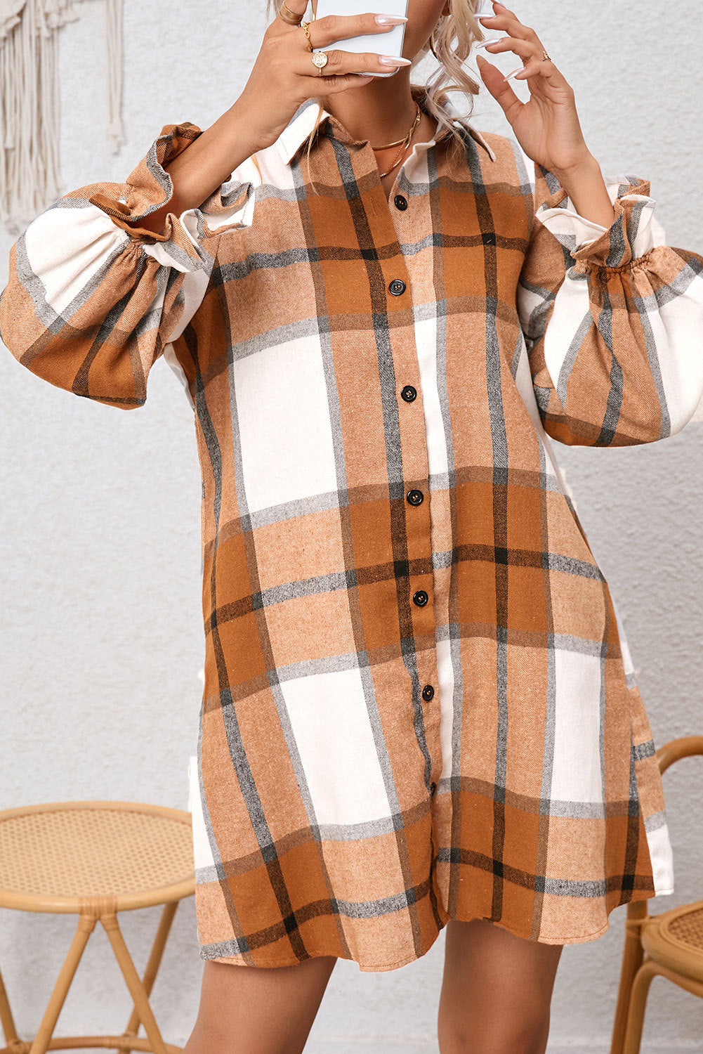 Navkolo shirt dress with khaki check pattern and neck collar