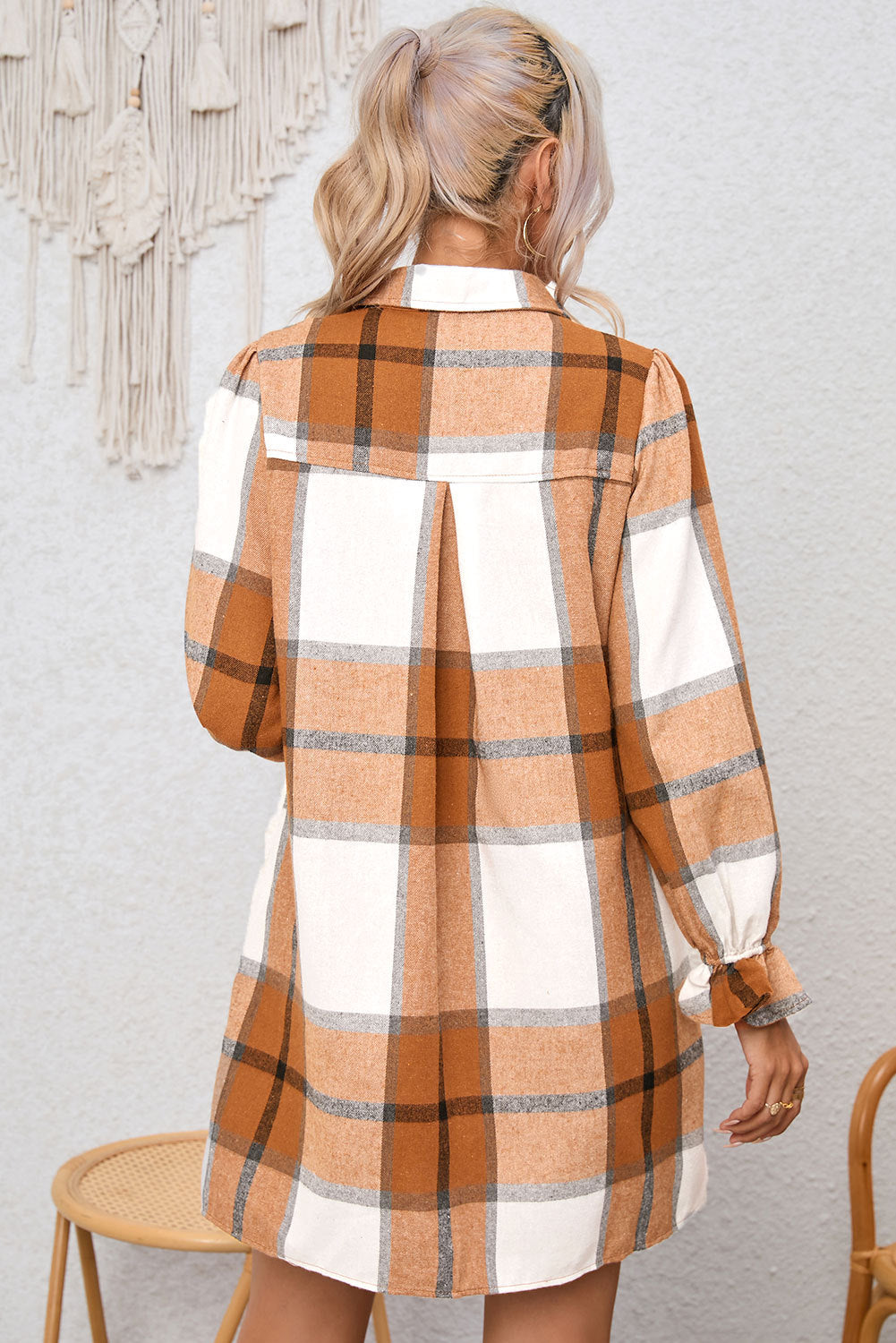 Navkolo shirt dress with khaki check pattern and neck collar